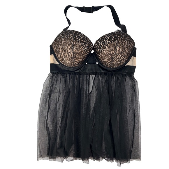Victoria Secret Black Lace Tulle Babydoll Chemise Padded Halter Bra 36D LINGERIE - Picture 6 of 12